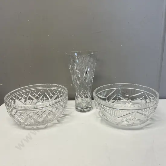 Vintage Heavy Cut Crystal items: Webb Corbett Bowl, Stuart Bowl and Triangular Vase