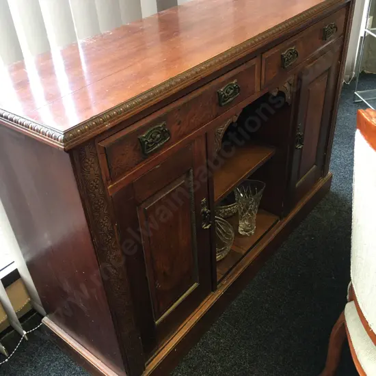 Antique Kauri Sideboard With Puriri Inlay, Detailed Carving, 2 Drawer, 2 Door With Open Arched Centre, H93.5 W136 D43cm