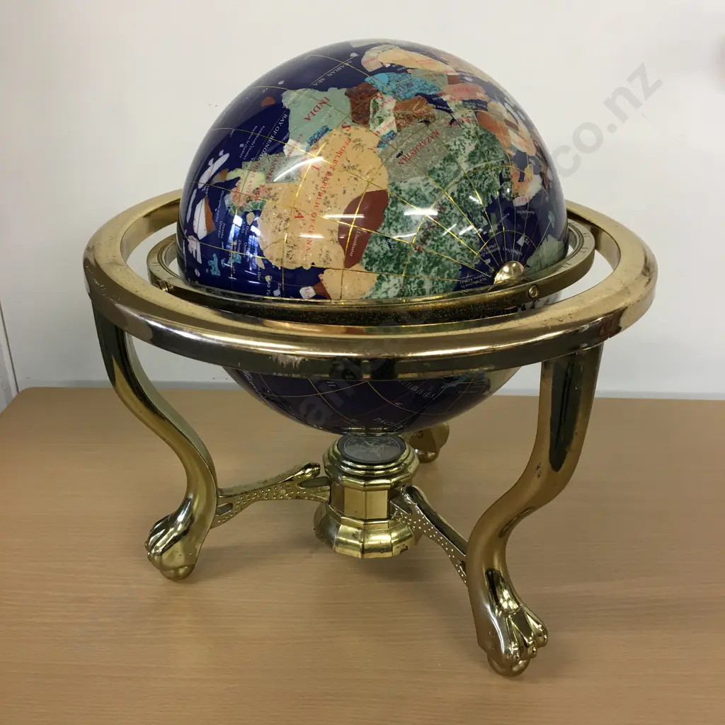 Blue Lapis Gemstone World Globe, 21cm, With Brass Tri Footed Stand Image 1++