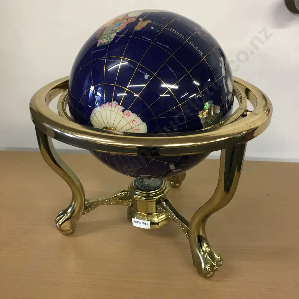 Blue Lapis Gemstone World Globe, 21cm, With Brass Tri Footed Stand Image 1++