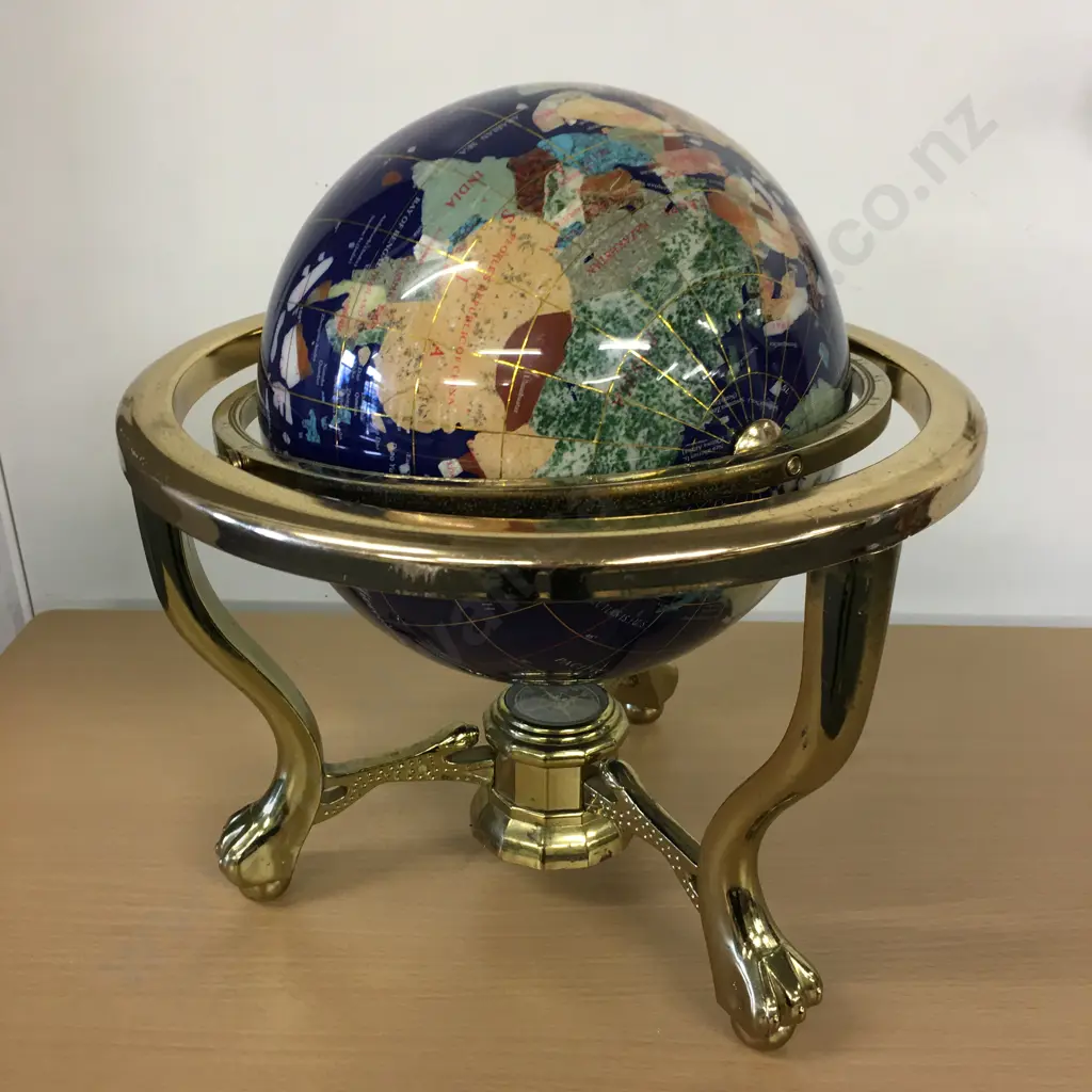 Blue Lapis Gemstone World Globe, 21cm, With Brass Tri Footed Stand Image 1++