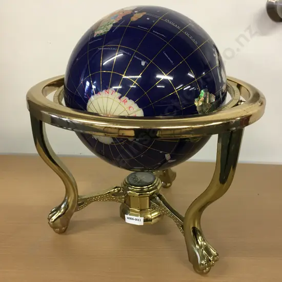 Blue Lapis Gemstone World Globe, 21cm, With Brass Tri Footed Stand