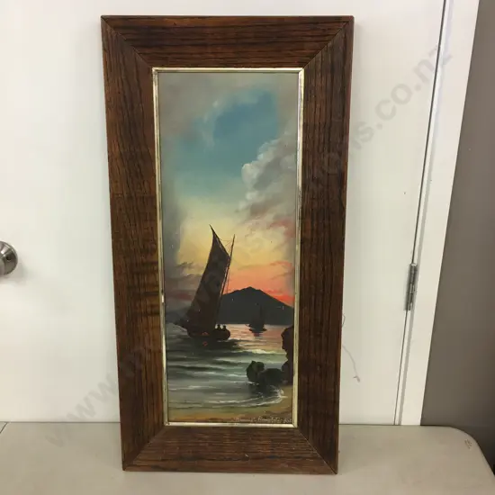 NZ Colonial Oil on Board 'Evening Rangitoto' Signed by de Ritz, (Henry T Garratt  1875-1953) Oak Framed, 76 x 38cm