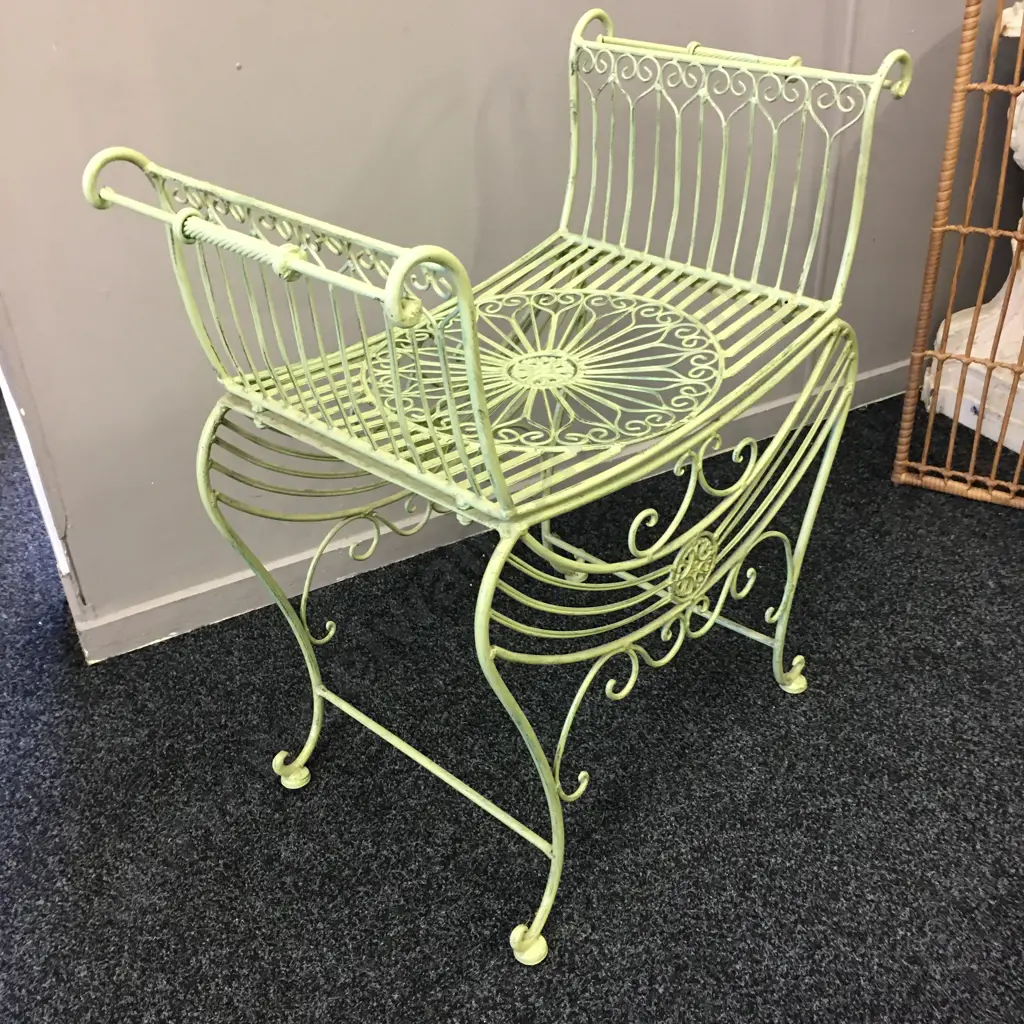 French Style Painted Green Metal Stool H73cm,W67cm, D38cm. Image 1++