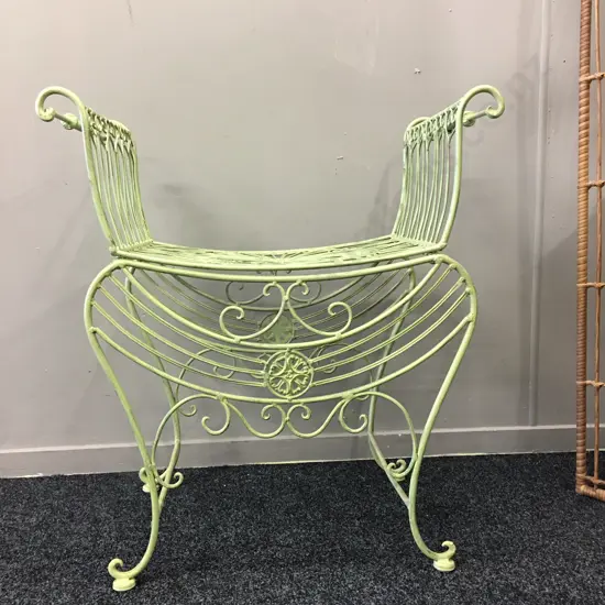 French Style Painted Green Metal Stool H73cm,W67cm, D38cm.