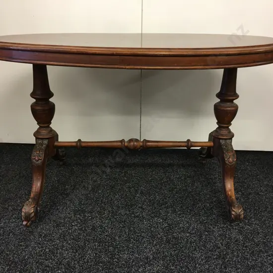 Antique Oval Kauri Centre Table, Carved Legs With Turned Shaped Stretcher, Bakelite Castors, H64 W106 D65cm