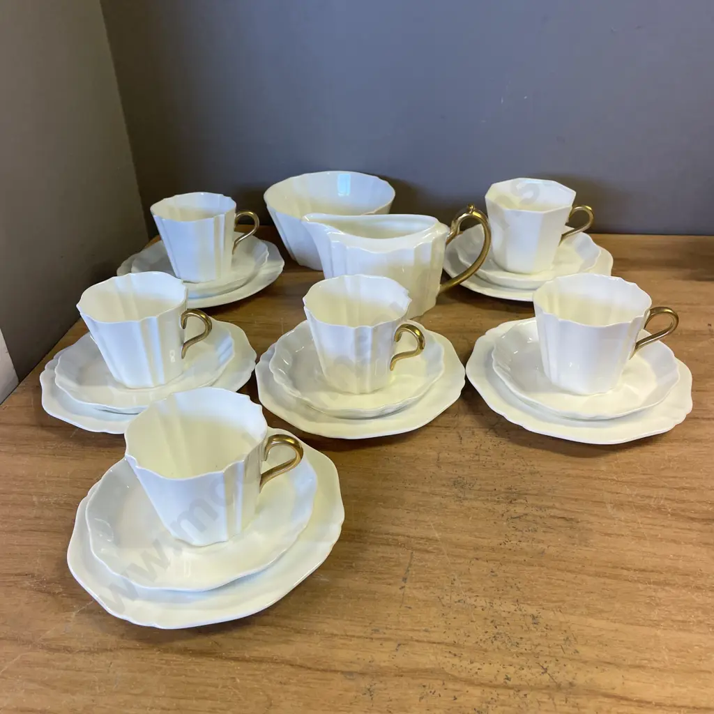 Early Wedgwood White and Gold Trios x 6 with Milk Jug and Sugar Bowl Image 1++