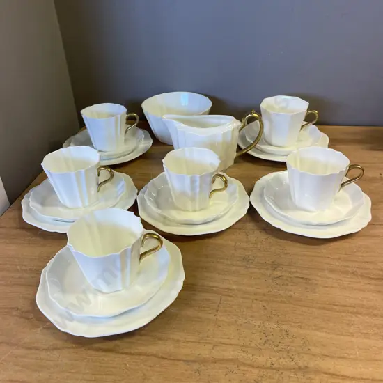 Early Wedgwood White and Gold Trios x 6 with Milk Jug and Sugar Bowl