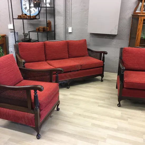 Cane Bergere 3+1+1 Lounge Suite, Burnt Orange Fabric With leaf Pattern, Cabriole legs