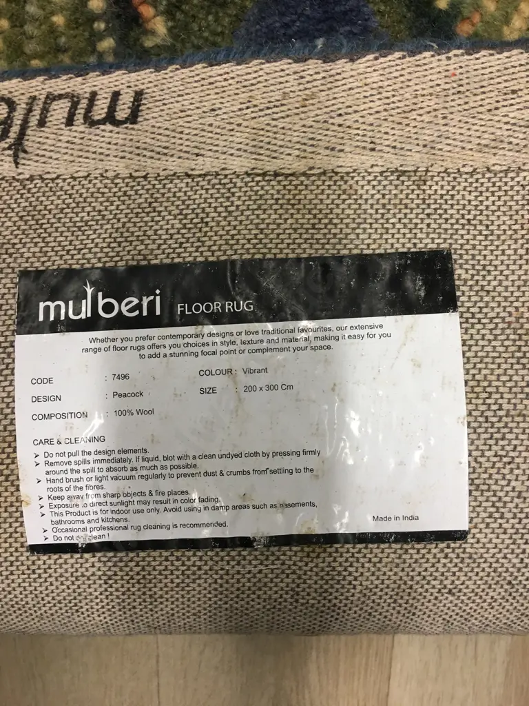 Mulberi 100% Wool Floor Rug, 200 x 300cm, Peacock Design, Colour Vibrant Image 1++
