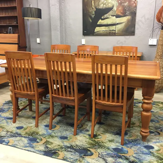 Recycled Rimu & Matai Table (H78 W200 D99cm), Cutlery Drawer In End With 6 Rimu Slat Back Dining Chairs, Ex Abode