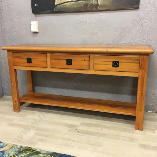 Recycled Rimu & Matai 3 Drawer Hall Table, Wrought Ring Handles, H76 W150 D42cm, Christopher's Furniture, Ex Abode