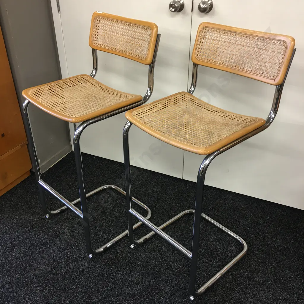 Pair of Vintage Barstools, Woven Cane Filled Image 1++