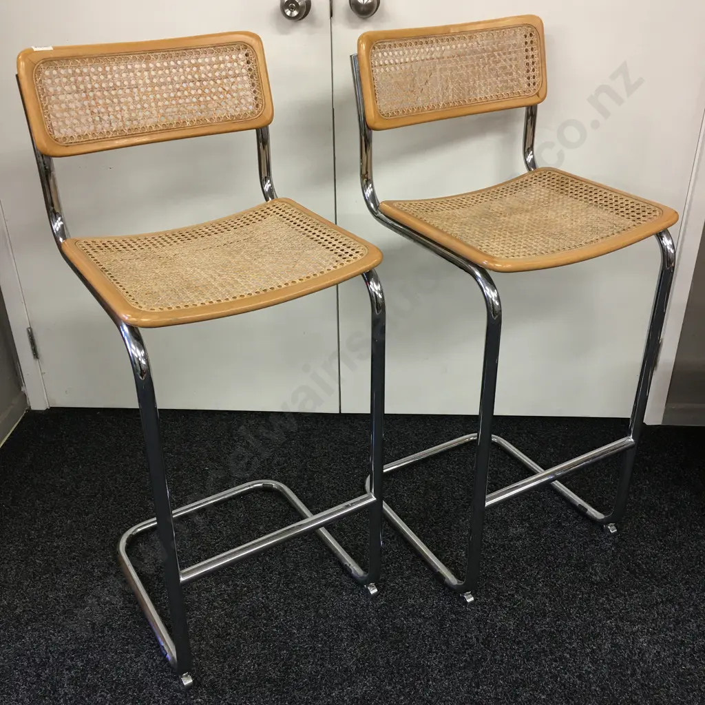 Pair of Vintage Barstools, Woven Cane Filled Image 1++