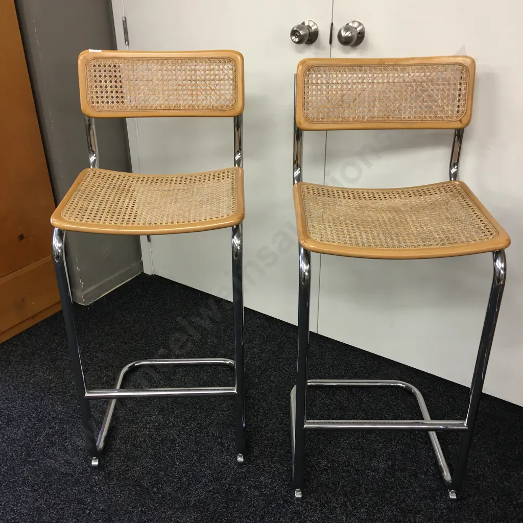 Pair of Vintage Barstools, Woven Cane Filled Image 1++