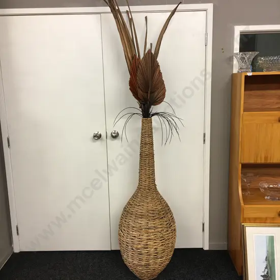 Vintage Cane Bulbous Urn With Narrow Neck & Artificial Plant H122cm.