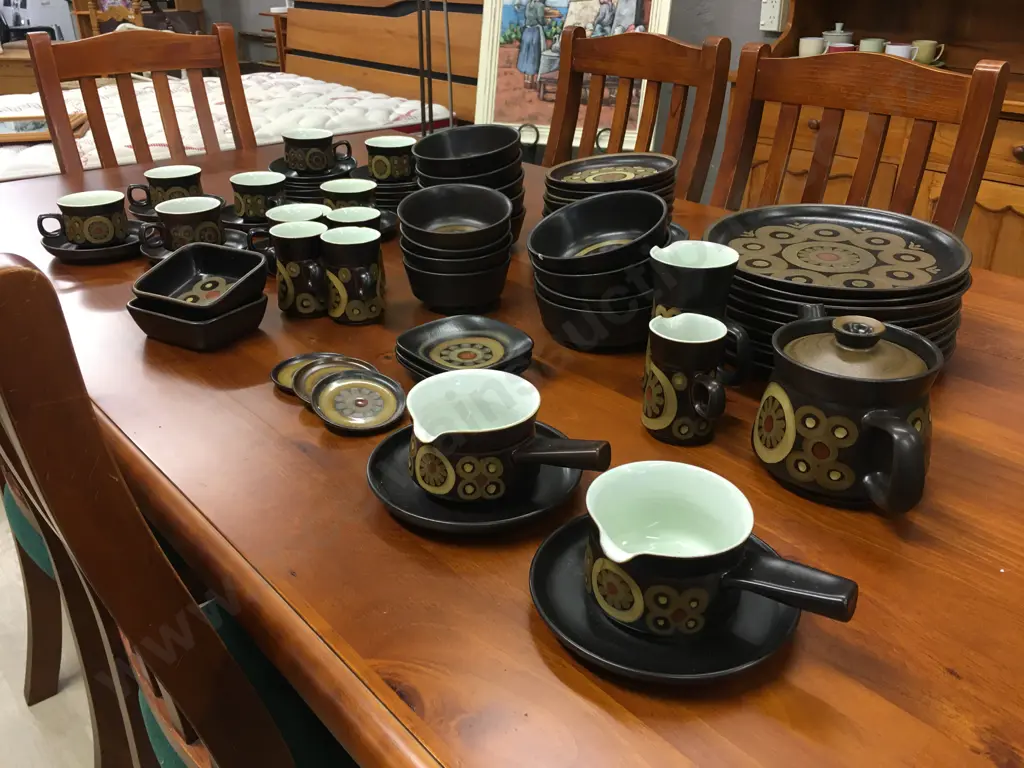 Vintage Denby Arabesque Stone War 77 Piece Dinnerware With Teaset, Coffee Cups Etc c1970's Image 1++