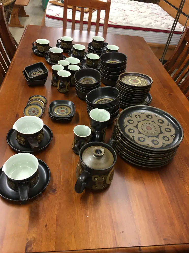 Vintage Denby Arabesque Stone War 77 Piece Dinnerware With Teaset, Coffee Cups Etc c1970's Image 1++