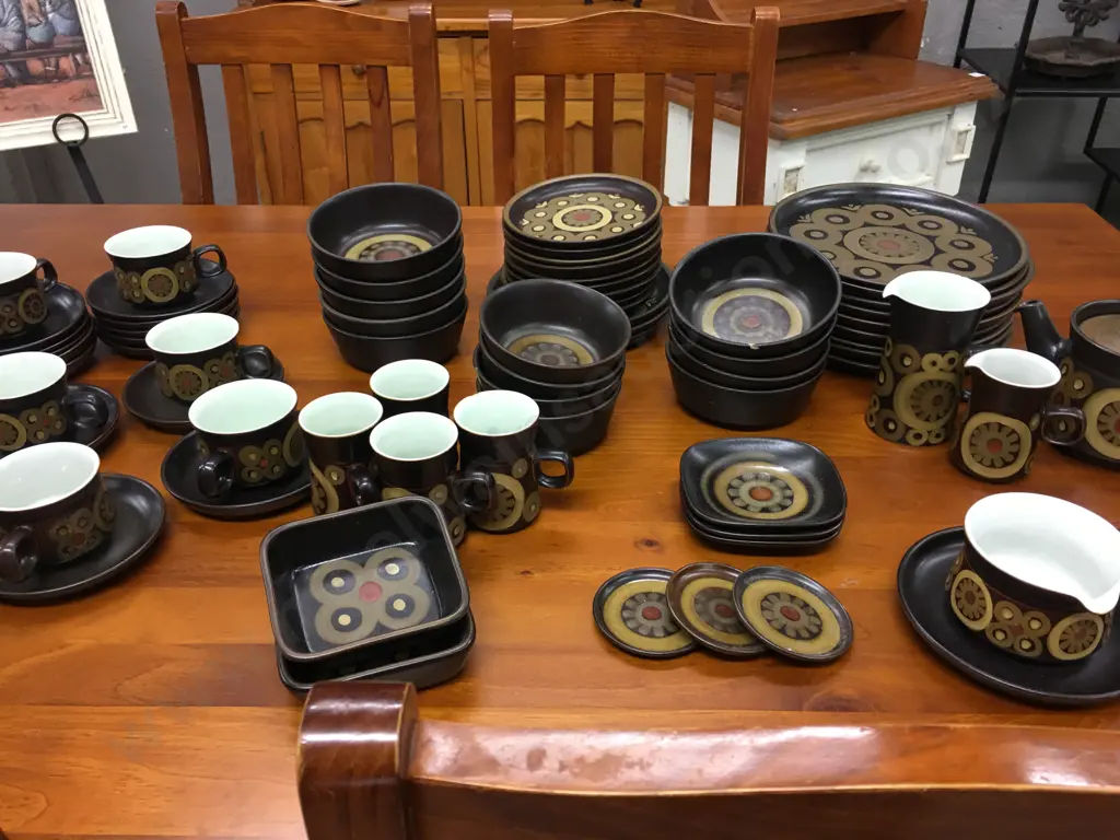 Vintage Denby Arabesque Stone War 77 Piece Dinnerware With Teaset, Coffee Cups Etc c1970's Image 1++