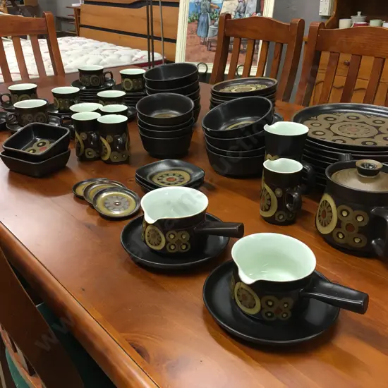 Vintage Denby Arabesque Stone War 77 Piece Dinnerware With Teaset, Coffee Cups Etc c1970's