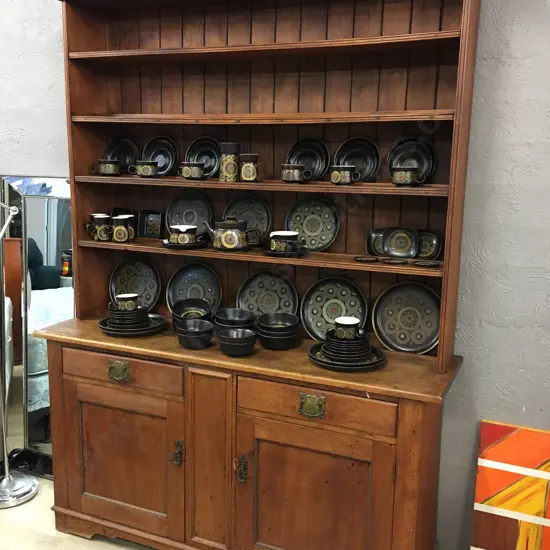 Antique Kauri Farmhouse Kitchen Dresser, 2 Drawer 2 Door Base, Back is T&G With 4 Full Length Shelves, H204 W153 D44cm