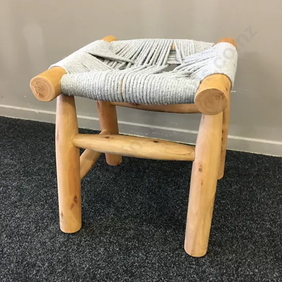 Rustic Wooden Footstool With Woven Knitted Rope Top, H46 W42 D40cm