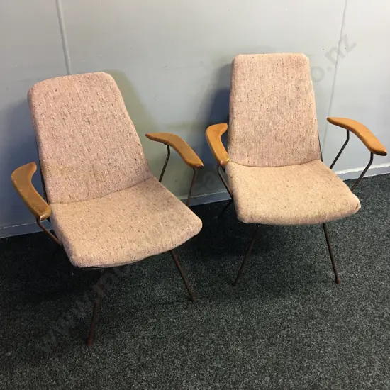 Pair of Retro Wooden Armed Steel Framed Chairs, Pink Fleck Upholstery