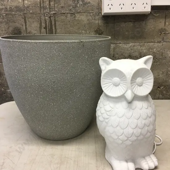 Grey Planter, 31 x 32.5cm & White Owl Table Lamp