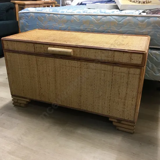 Retro Cane Blanket Box With Hinged Lid, H50 W88 D42cm