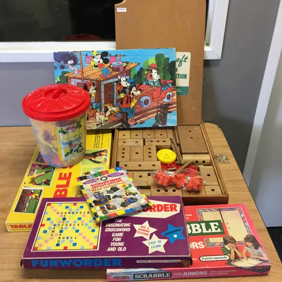 TimberCraft Construction Set, Morphun Building Blocks, Vintage Disney Puzzle, Scrabble, Funworder & Table Soccer