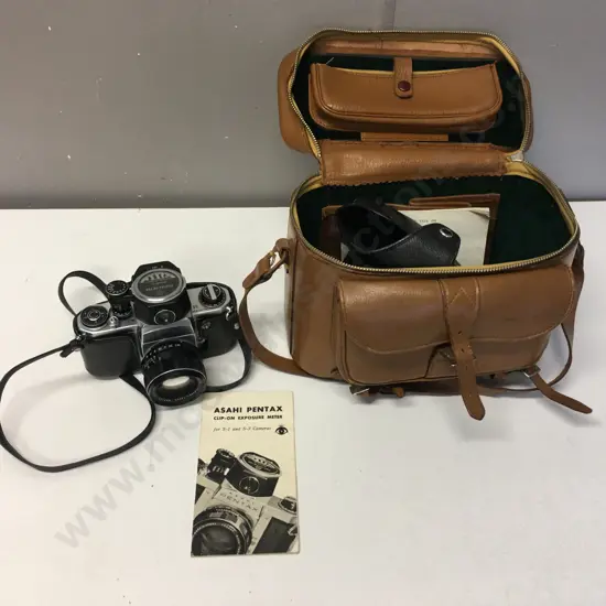 Asahi Pentax S3 with Auto-Takumar 55mm f/1.8 lens & Detachable Light Meter, Instructions & Leather Case, 1960s