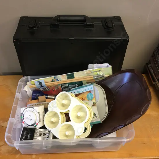 Black Case With Clear Bin Of Sundries Including Wooded Bowl