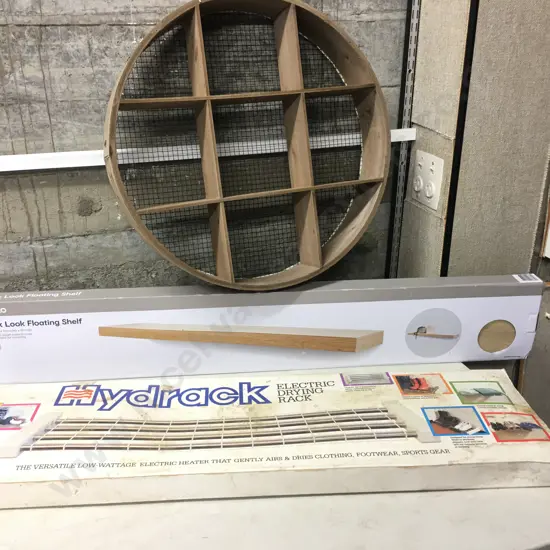 Anko Oak Look Floating Shelf, Hydrak Electric Drying Rack, Round Wood / Mesh Display Shelf