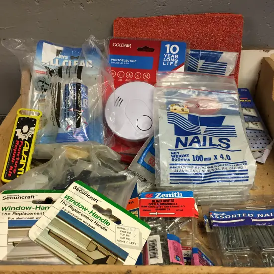 Box lot Hardware, Sand Paper Etc