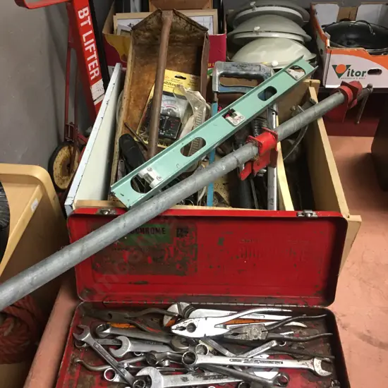 Lot of Tools, Sash Cramp, Level, Sidchrome Tin, Spanners Etc
