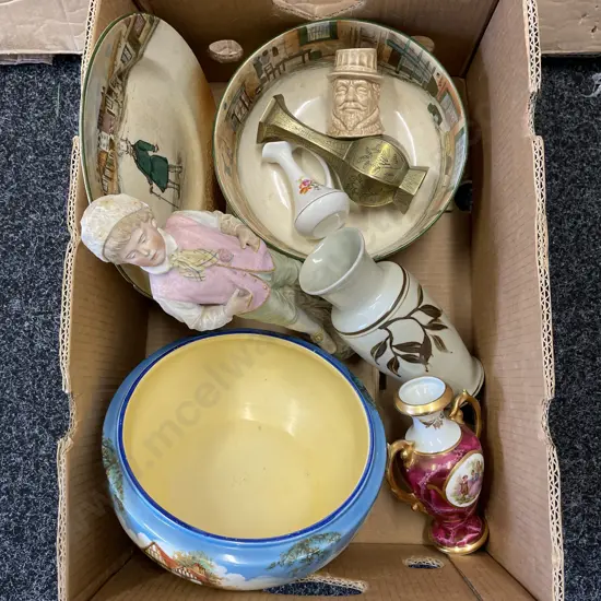 Box of Assorted incl Royal Doulton (af), Limoges, Richmond NZ Pottery, Brass etc