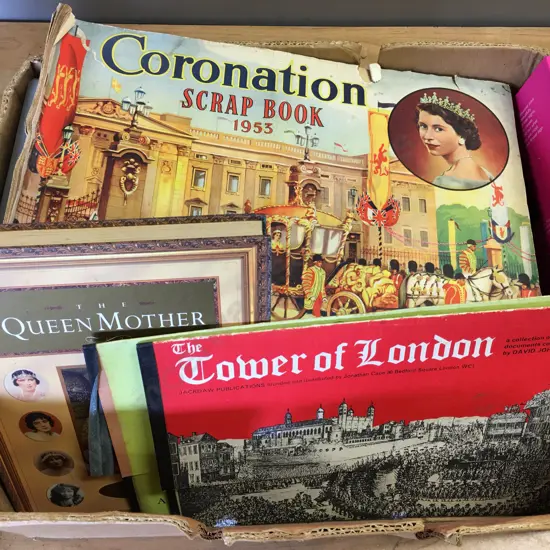 Box lot 1953 Coronation Scrap Book, Royalty Mags Etc