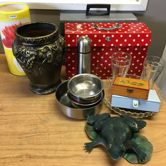 Box lot Jewellery Boxes, Pot, Vase, File Cases Etc