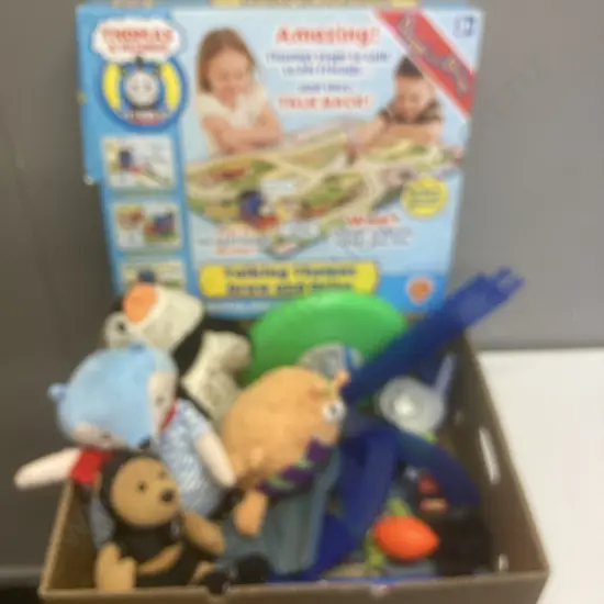 Box Lot Soft Toys, Talking Thomas Draw & Drive Etc