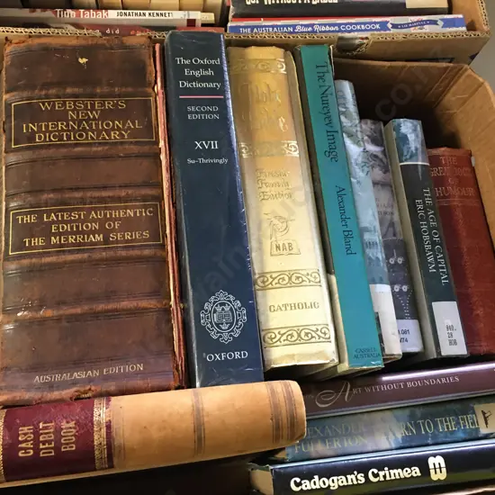 Box Lot Websters Dictionary, Cash Debit Book, Bible Etc
