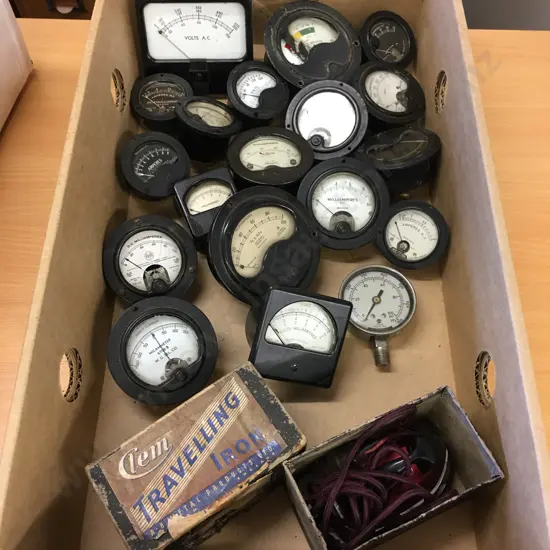 Box Assorted Vintage Gauges, Gem Travelling Iron With Original Box