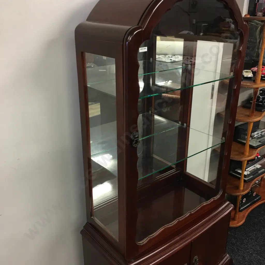 Dome Top Mahogany China Display Cabinet, Glass Shelves, Mirror Back, Cab Legs, 2 Doors In Base, H160 W77 D40cm Image 1++