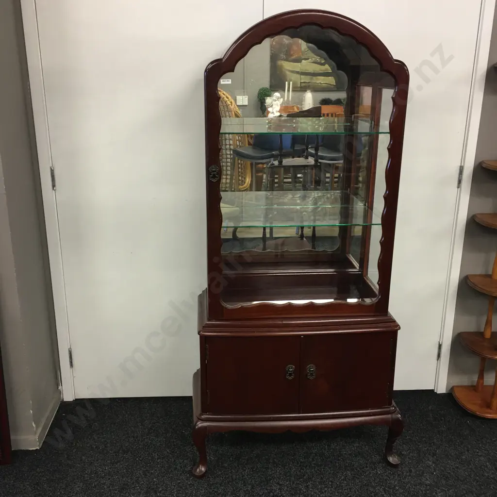 Dome Top Mahogany China Display Cabinet, Glass Shelves, Mirror Back, Cab Legs, 2 Doors In Base, H160 W77 D40cm Image 1++