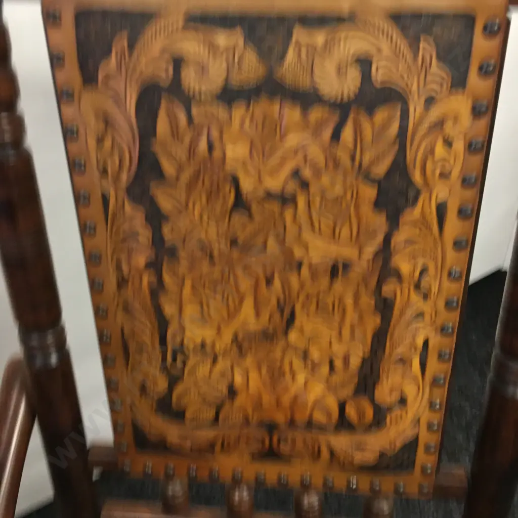 Antique Platform Rocker, Carved Floral Pattern Leather & Arm Covers Image 1++