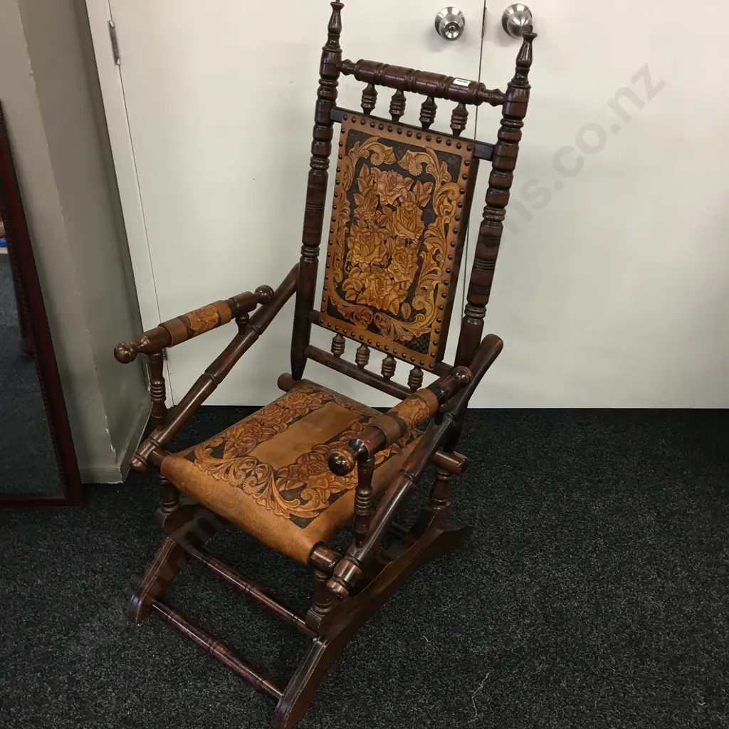 Antique Platform Rocker, Carved Floral Pattern Leather & Arm Covers Image 1++