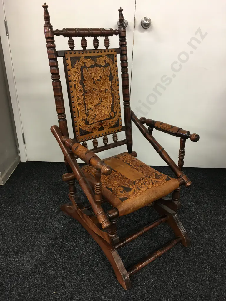 Antique Platform Rocker, Carved Floral Pattern Leather & Arm Covers Image 1++