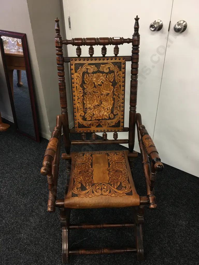 Antique Platform Rocker, Carved Floral Pattern Leather & Arm Covers Image 1++