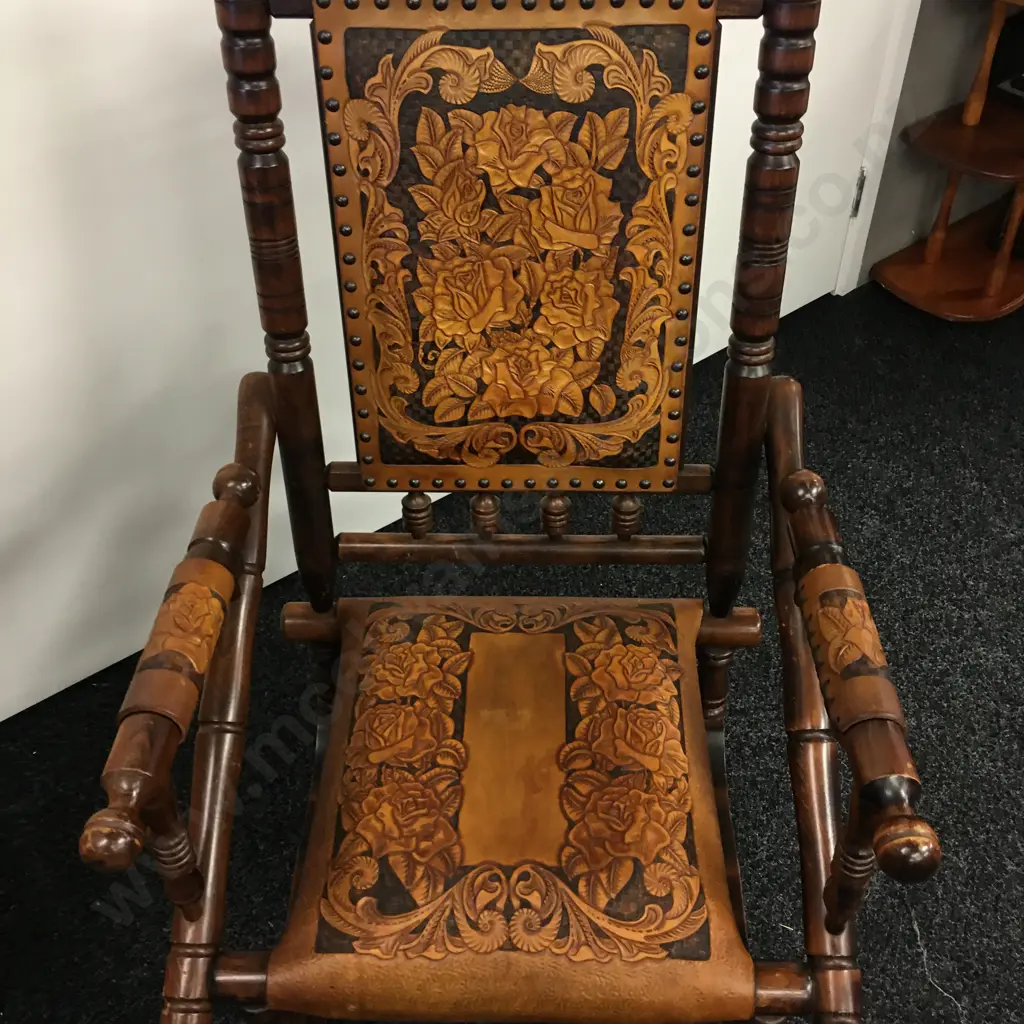 Antique Platform Rocker, Carved Floral Pattern Leather & Arm Covers Image 1++