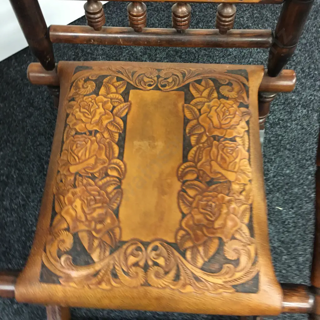 Antique Platform Rocker, Carved Floral Pattern Leather & Arm Covers Image 1++