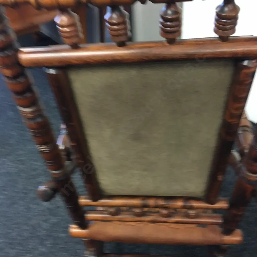 Antique Platform Rocker, Carved Floral Pattern Leather & Arm Covers Image 1++